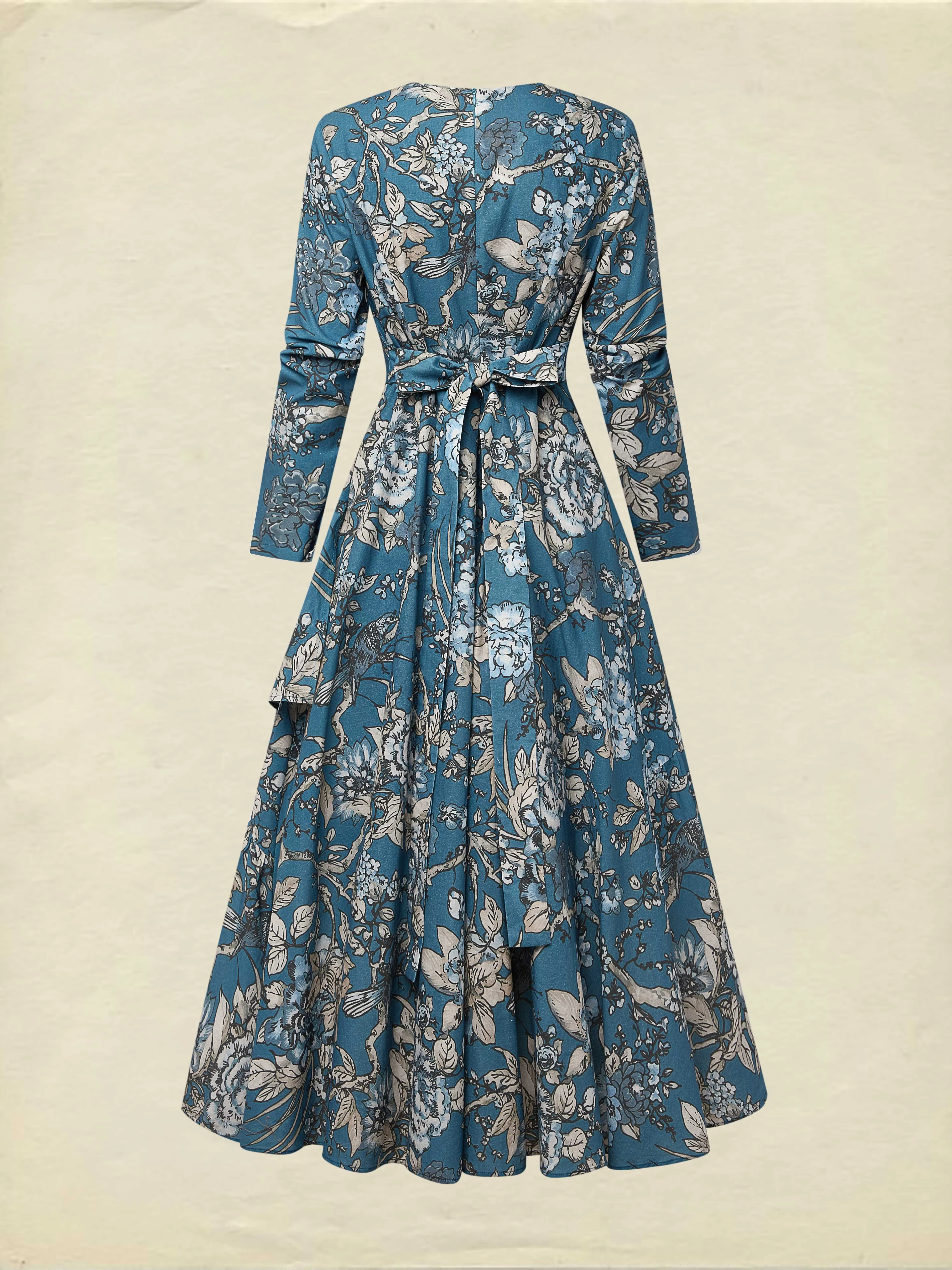 Maxi Linen Dress, Long Sleeves, Round Neck, Floral, Ruffles, Vintage, Deep Blue - Deep Blue