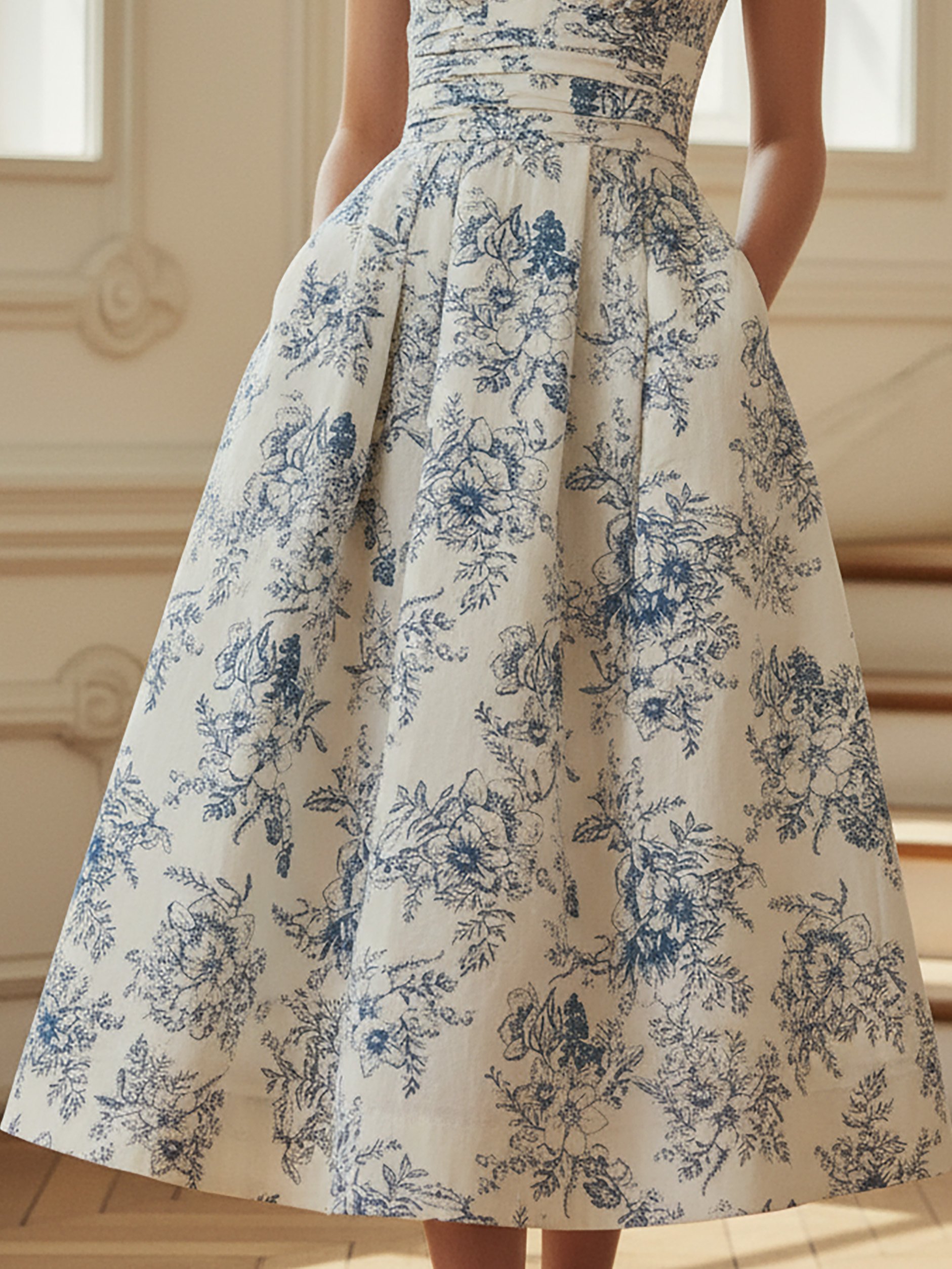Midi Linen Dress, Short Sleeves, V Neck, Floral, Vintage, Blue - Blue