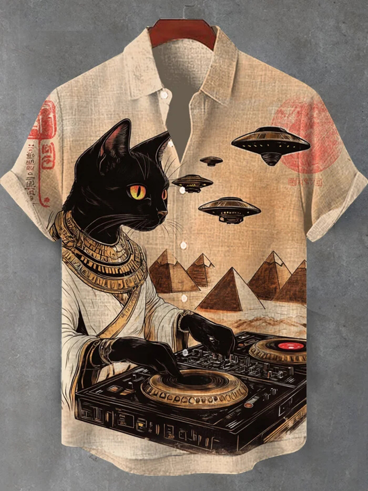 Men's Egyptian Cat Dj Ufo Art Print Short Sleeve Shirt - Khaki