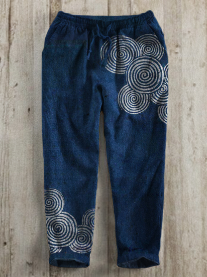 Sea Waves Ripples Japanese Lino Art Linen Blend Casual Pants - Navy