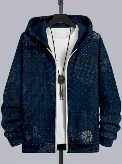Men's Japanese Traditional Sashiko Art Comfy Full Zip Hoodie - Black