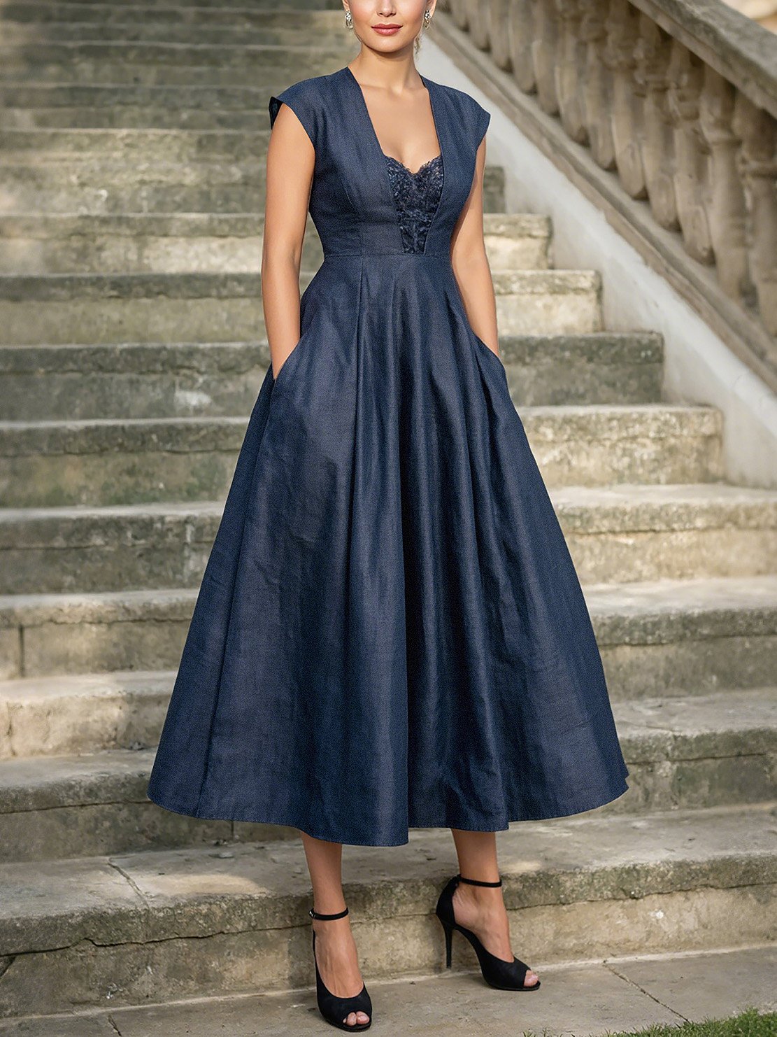 Maxi Linen Denim Dress, Short Sleeves, Sweetheart Neckline, Plain, Lace, Vintage, Blue - Blue