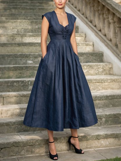 Maxi Linen Denim Dress, Short Sleeves, Sweetheart Neckline, Plain, Lace, Vintage, Blue - Blue