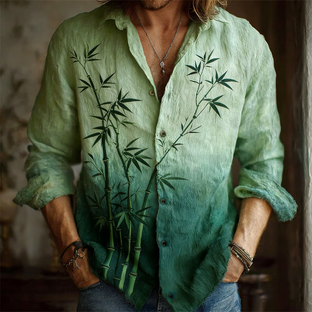 Japanese Bamboo Gradient Pattern Men's Linen Long Sleeve Shirt - Beige