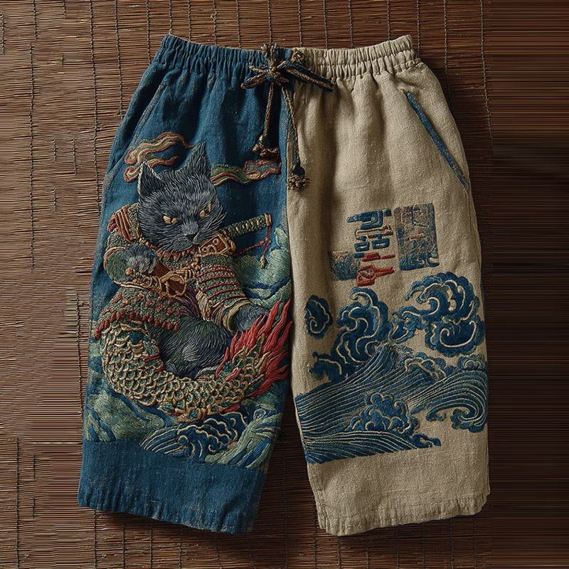 Men's Japanese Cat Art Print Casual Shorts - Blue