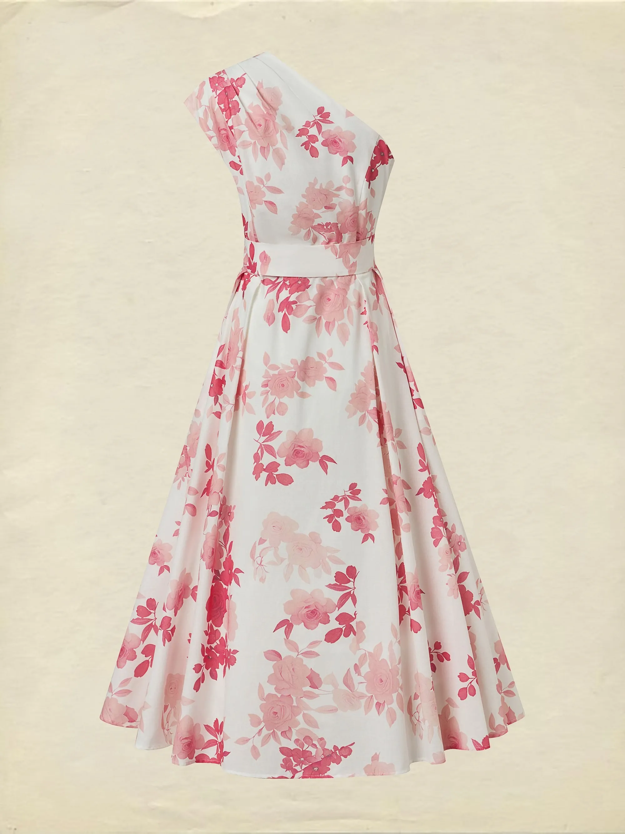 Maxi Cotton Dress, Sleeveless, Floral, Belt Design, Vacation, Vintage, Red - Red