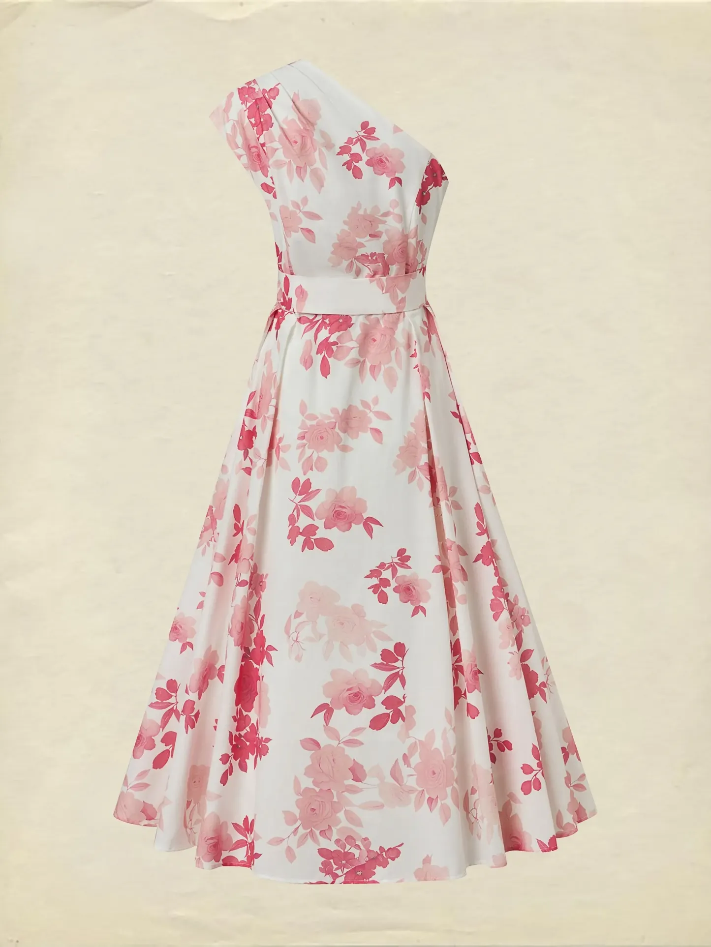 Maxi Cotton Dress, Sleeveless, Floral, Belt Design, Vacation, Vintage, Red - Red