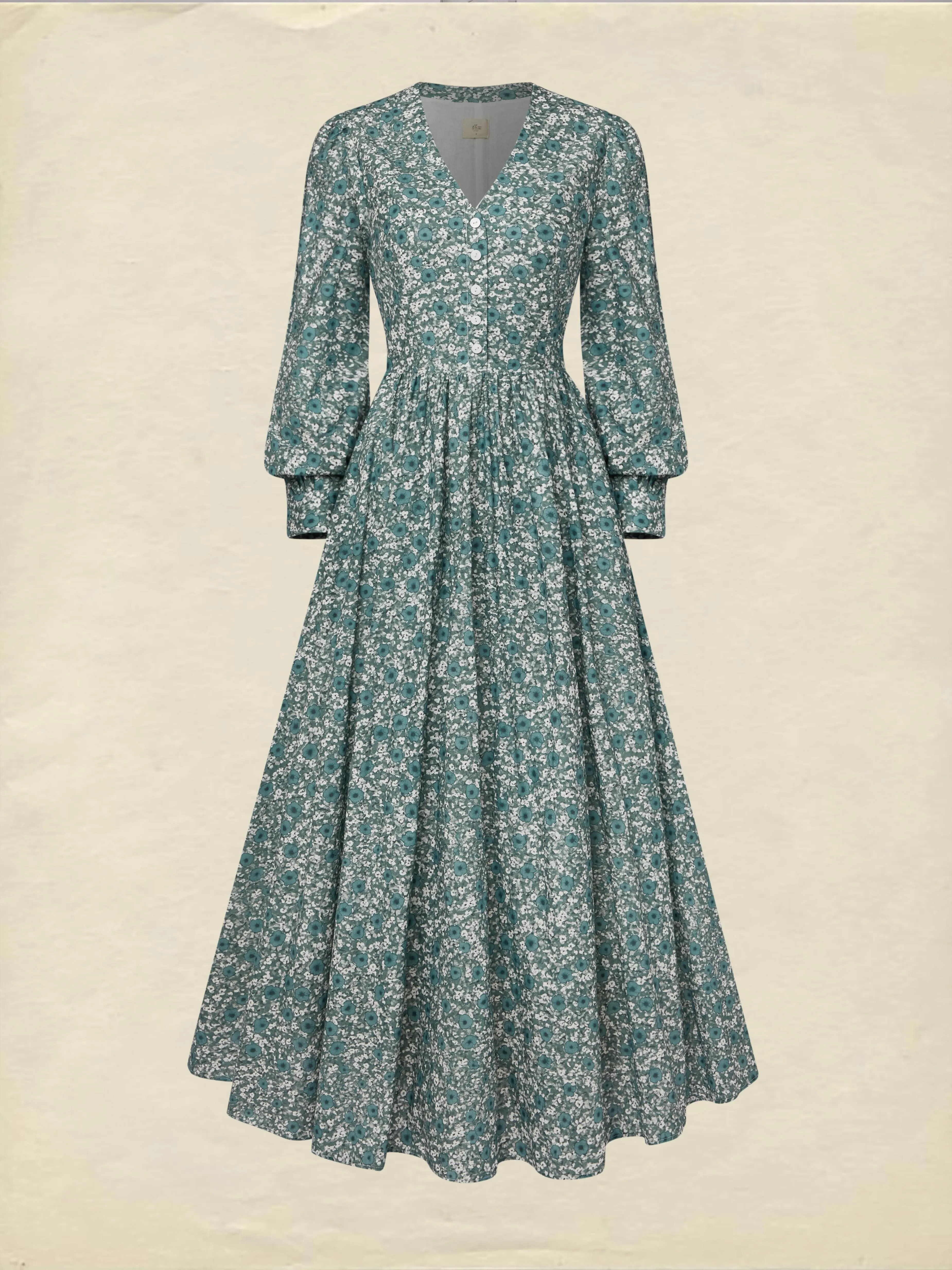 Maxi Linen Dress, Long Sleeves, V Neck, Floral, Button Design, Vintage, Green - Green