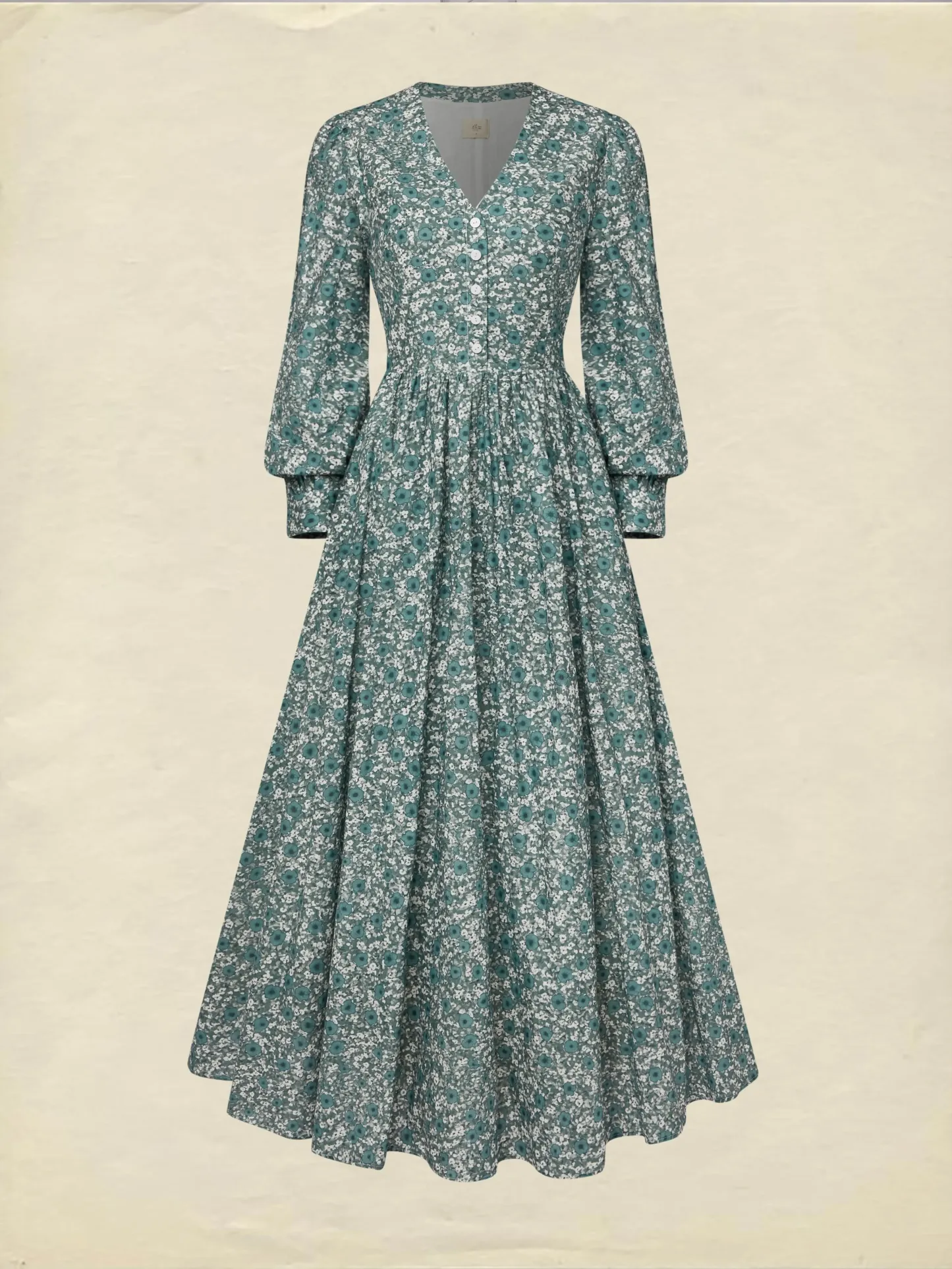 Maxi Linen Dress, Long Sleeves, V Neck, Floral, Button Design, Vintage, Green - Green