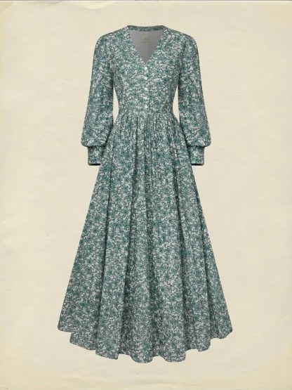 Maxi Linen Dress, Long Sleeves, V Neck, Floral, Button Design, Vintage, Green - Green