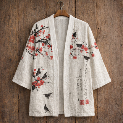 Men's Vintage Plum Blossoms Japanese Art Linen Blend Kimono Cardigan - White