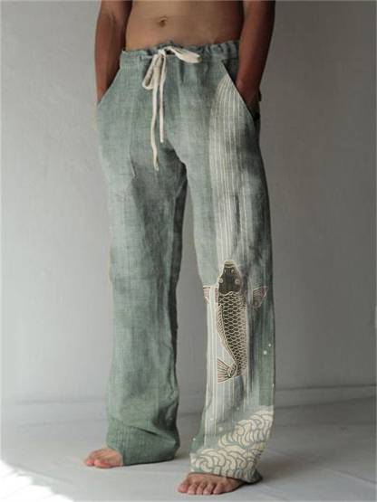 Upstream Carp Japanese Art Linen Blend Casual Pants - Green