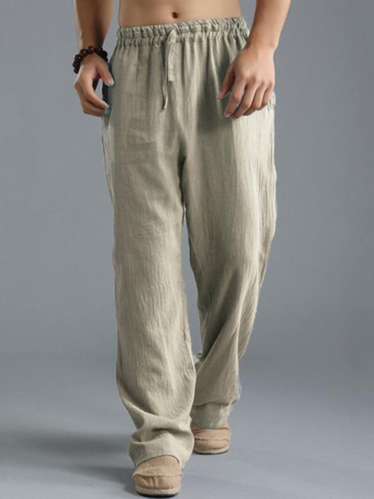 Men'S Vintage Drawstring Casual Cotton Linen Pants - Black