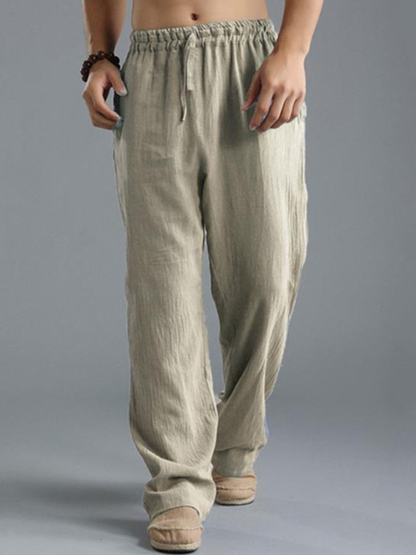Men'S Vintage Drawstring Casual Cotton Linen Pants - Black