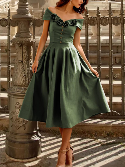 Linen Midi Dress, Short Sleeve, Plain, Vintage, Green - Green