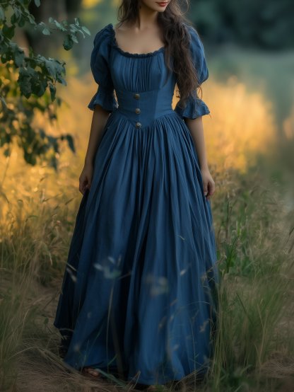 Linen Maxi Dress, Crew Neck, Half Sleeves, Belt, Victorian Style, Princess Dress, Blue - Blue