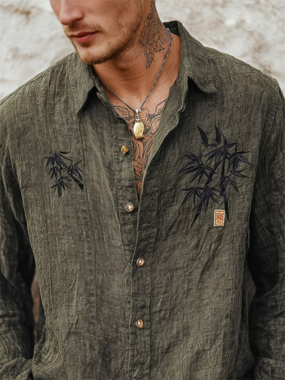Men's Japanese Bamboo Embroidered Washed Linen Shirt - Dark gray