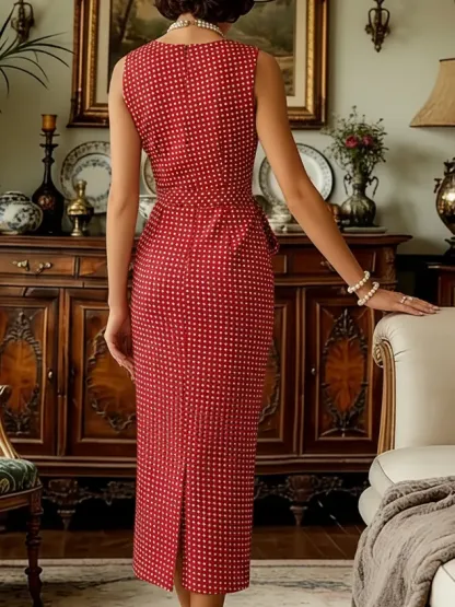 Midi Cotton Dress, Sleeveless, Round Neck, Polka Dots, Twist, French Vintage, Red - Red
