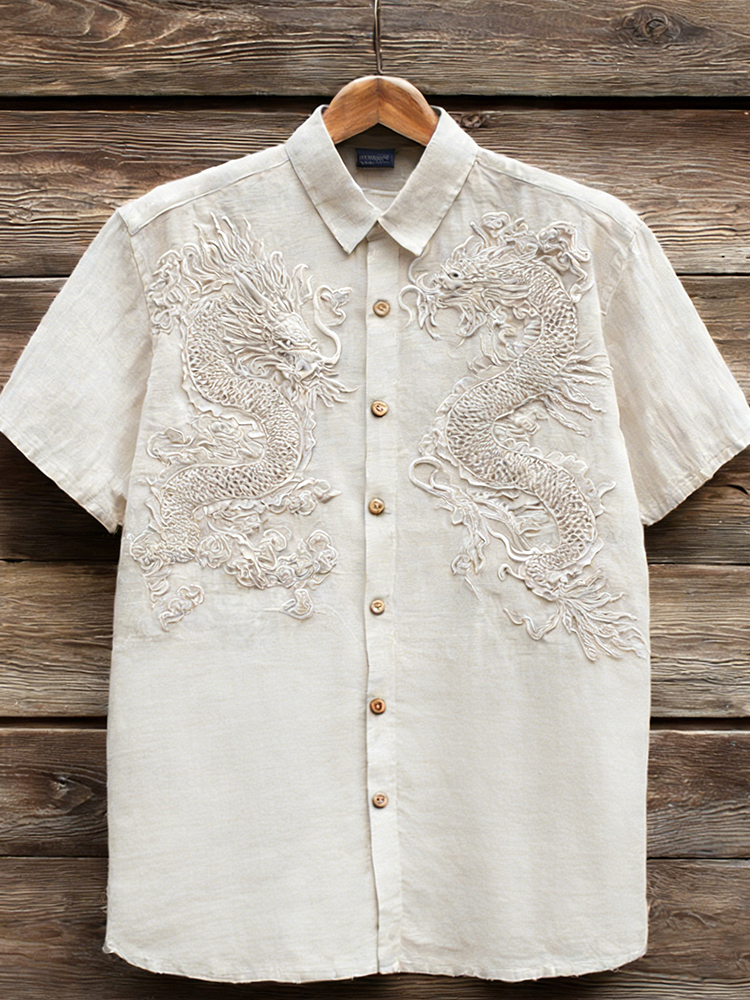 Vintage Clouds & Cranes Art Short Sleeve Linen Shirt - Cream beige