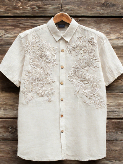 Vintage Clouds & Cranes Art Short Sleeve Linen Shirt - Cream beige