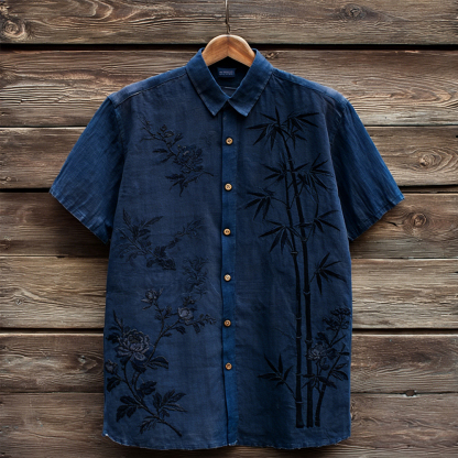 Vintage Flowers & Bamboo Art Short Sleeve Linen Shirt - Navy blue