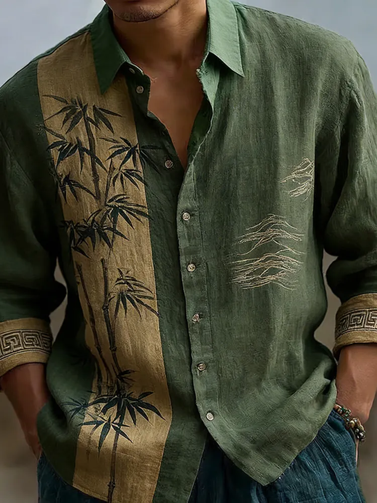 Japanese Bamboo Pattern Embroidered Color Blocked Linen Blend Shirt - Green
