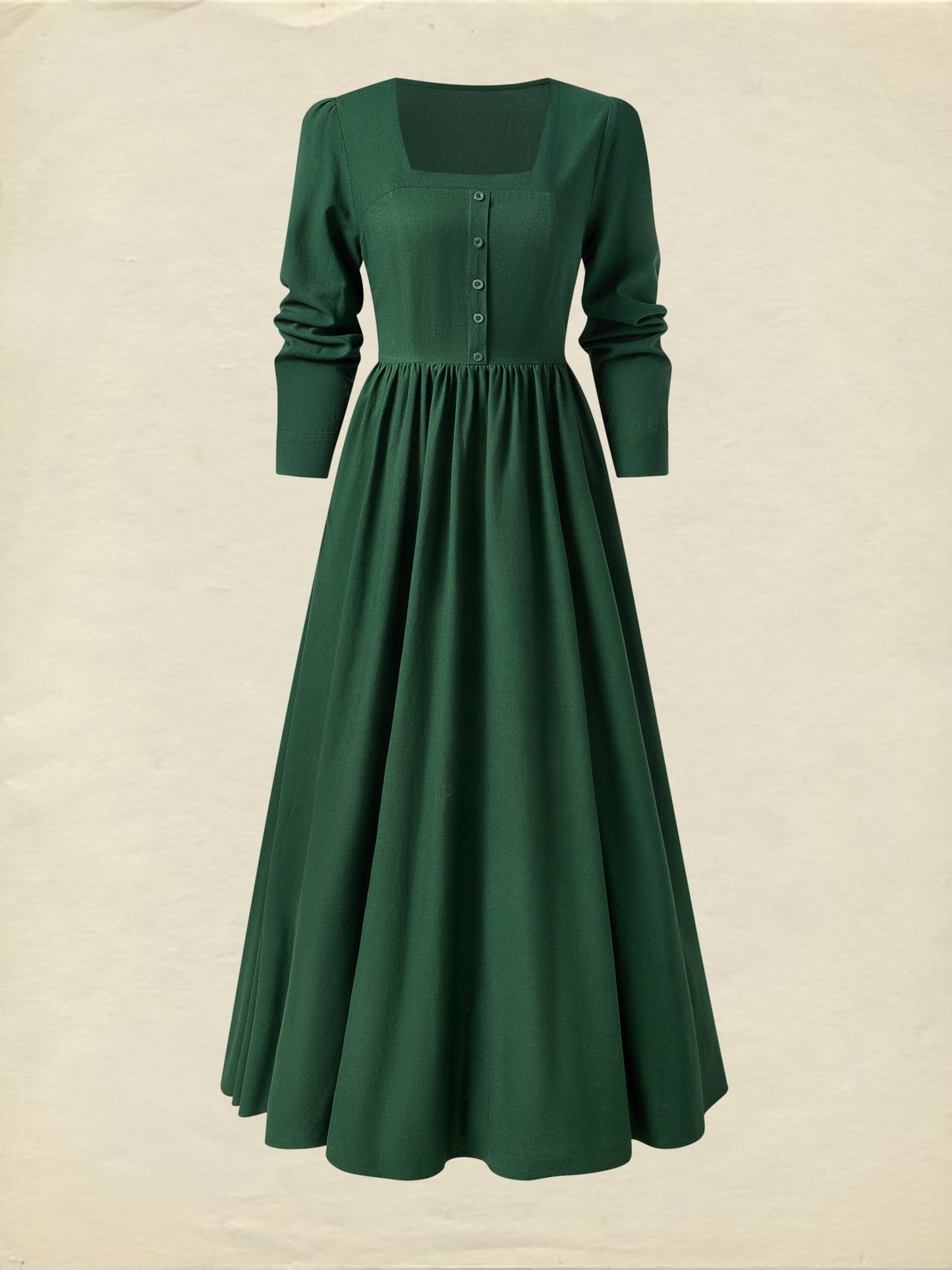 Linen Maxi Dress, Square Neck, Long Sleeves, Victorian Style, Linen Blend, Green - Green
