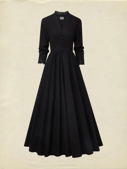Maxi Linen Dress, Half Sleeve, V Neck, Plain, Button Design, Vintage, Black - Black