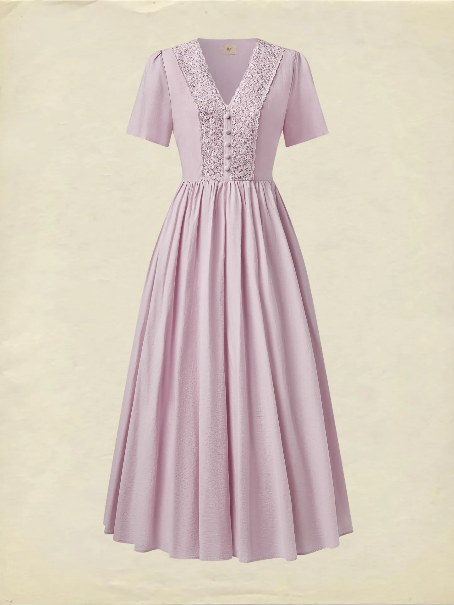Cotton Maxi Dress, Short Sleeve, V neck, Plain, Vintage, Purple - Purple