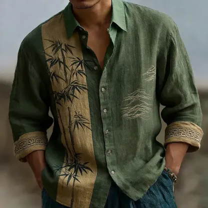 Japanese Bamboo Pattern Embroidered Color Blocked Linen Blend Shirt - Green
