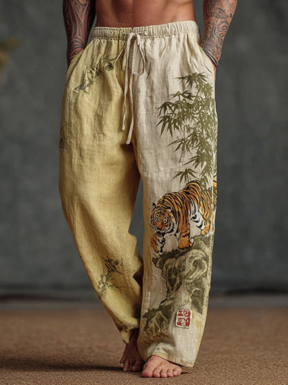 Men's Japanese Style Tiger And Bamboo Forest Retro Tie-dye Linen Trousers - Yellow