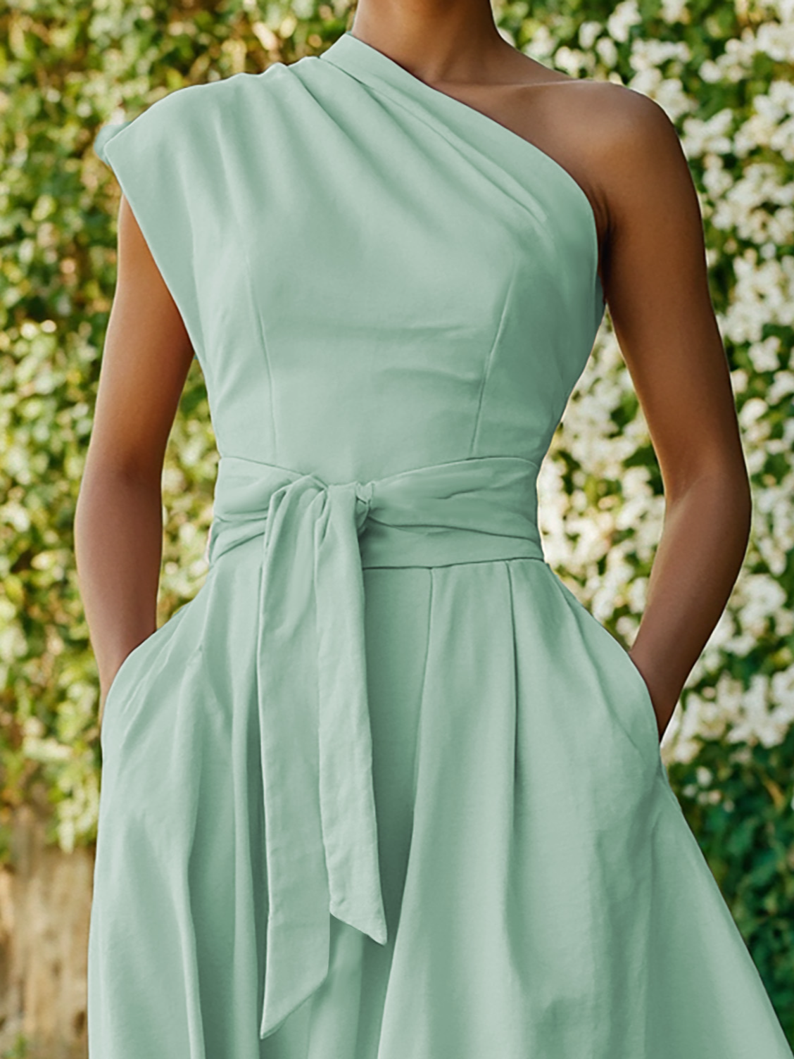 Maxi Cotton Dress , Sleeveless, One shoulder, Plain, Belt Design, Vintage, Light Pink - Light Pink