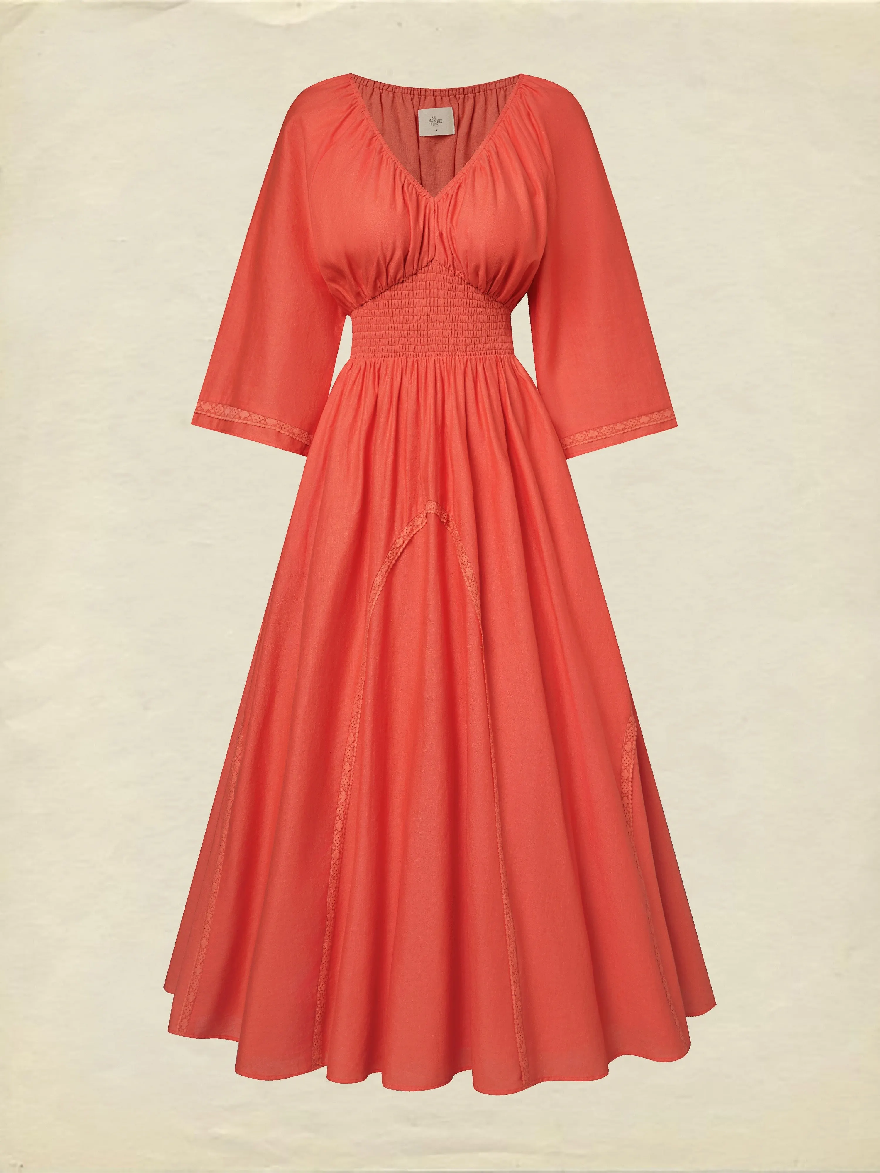 Maxi Cotton Dress, Half Sleeve, V Neck, Plain, Lace, Vacation, Vintage, Light Orange - Light Orange
