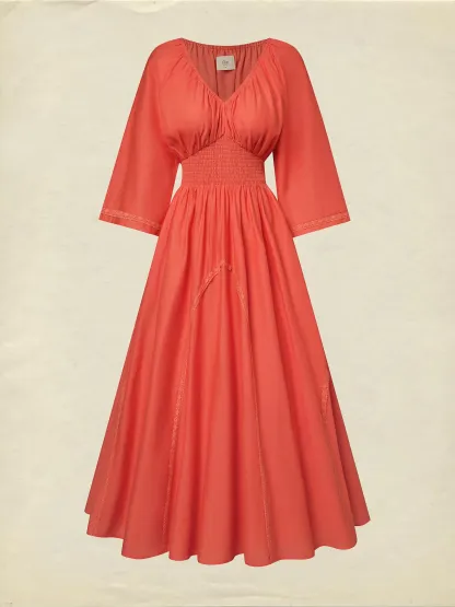 Maxi Cotton Dress, Half Sleeve, V Neck, Plain, Lace, Vacation, Vintage, Light Orange - Light Orange