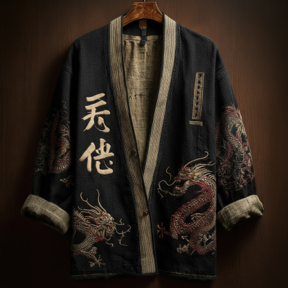 Japanese Art Style Men's Casual Cotton And Linen Cardigan - Grey