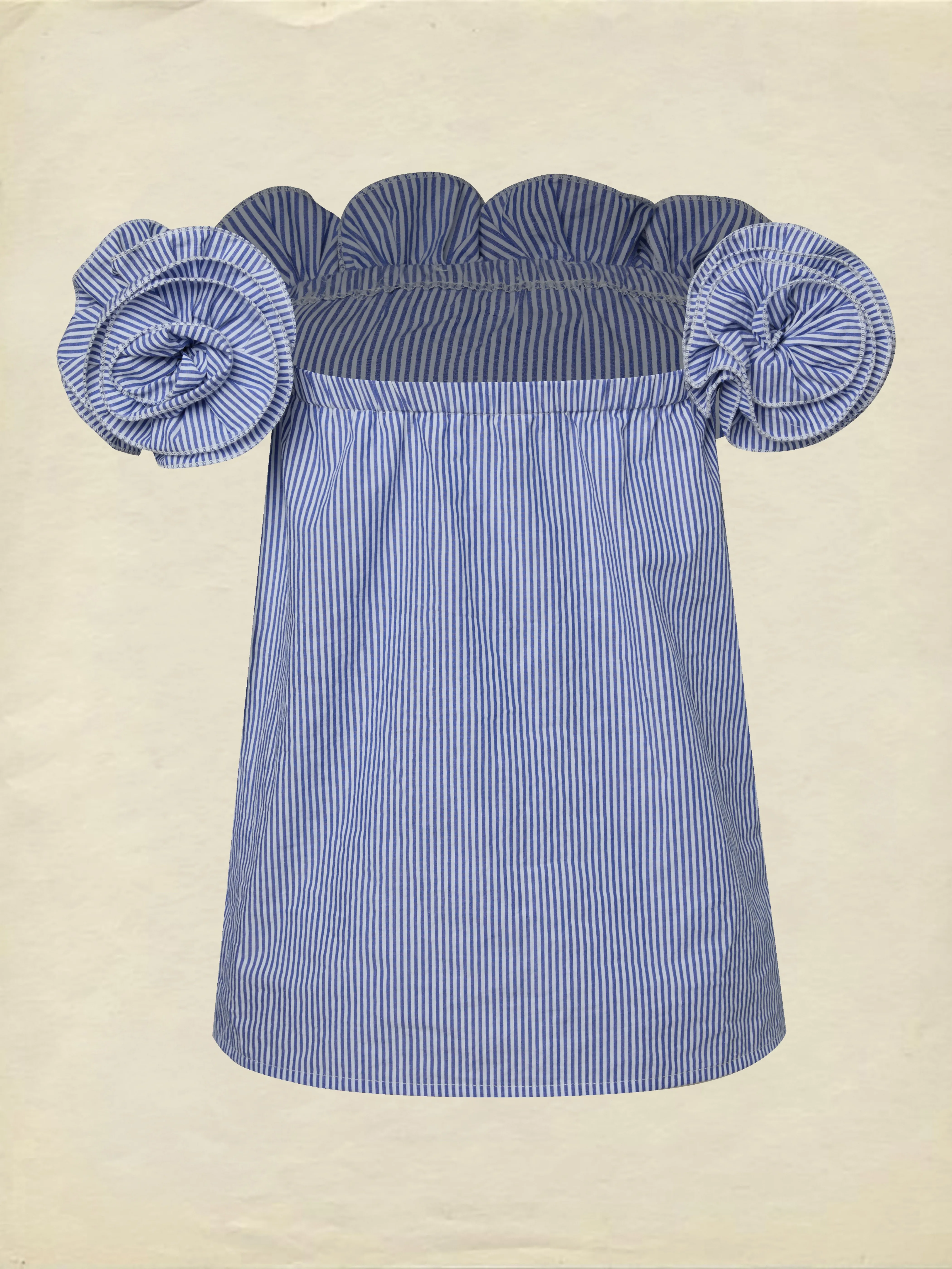 Linen Blouse, Sleeveless, Off The Shoulder, Striped, 3D Floral, French Vintage, Blue - Blue