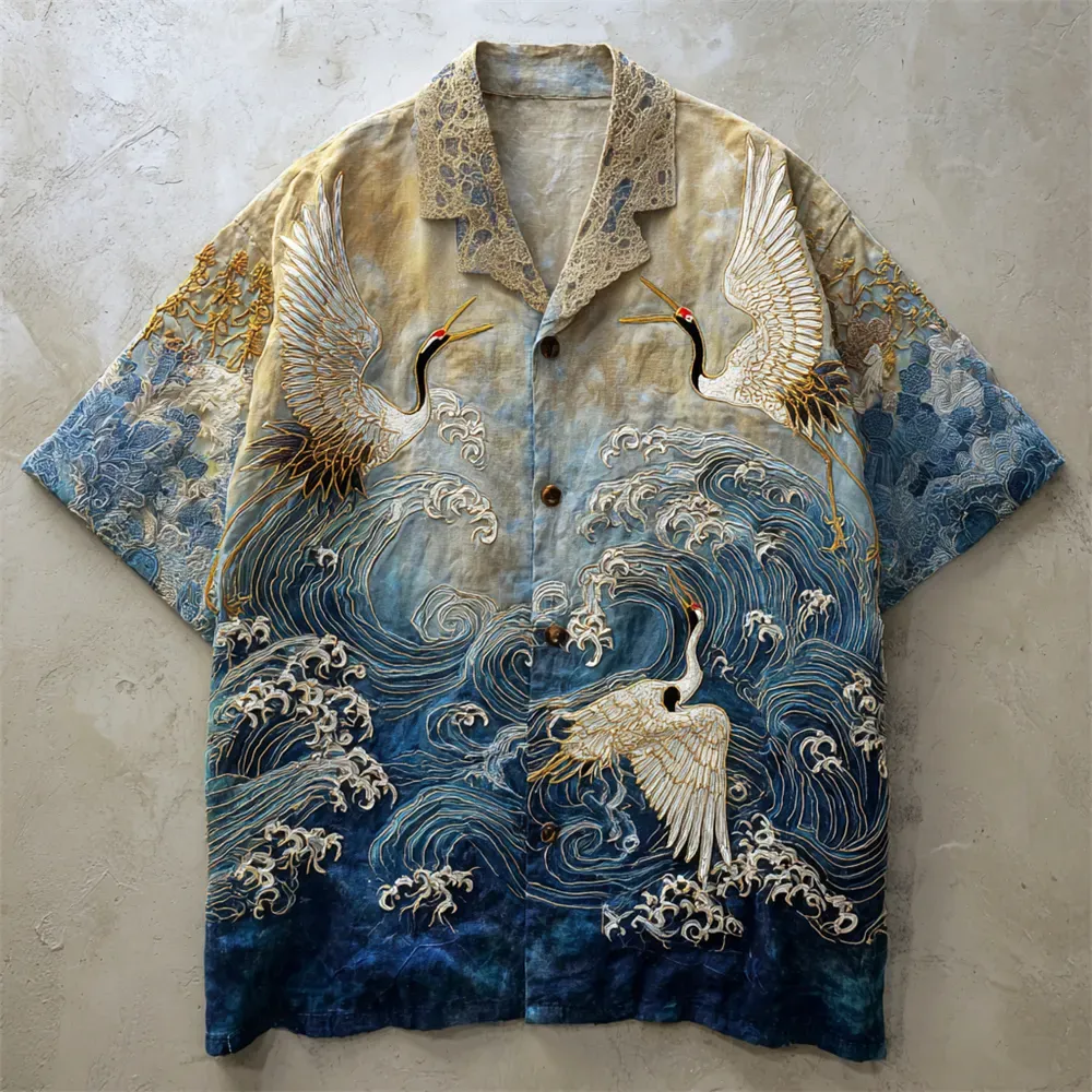 Vintage Japanese Crane Ocean Art Men's Linen Short Sleeve Shirt - Blue