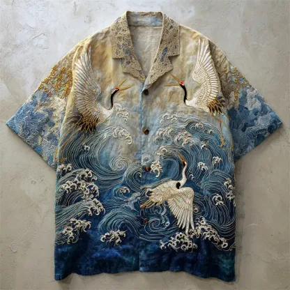 Vintage Japanese Crane Ocean Art Men's Linen Short Sleeve Shirt - Blue