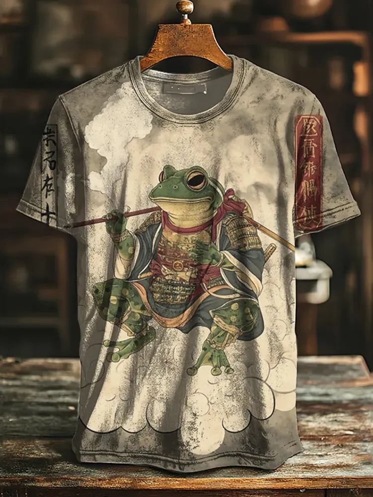 Men's Japanese Frog Warrior Retro Print Casual T-shirt - Grey