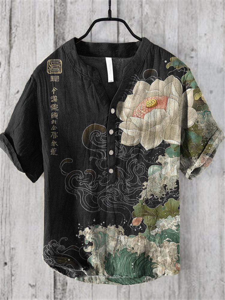 Men's Japanese Art Lotus Print Linen Blend Shirt - Black