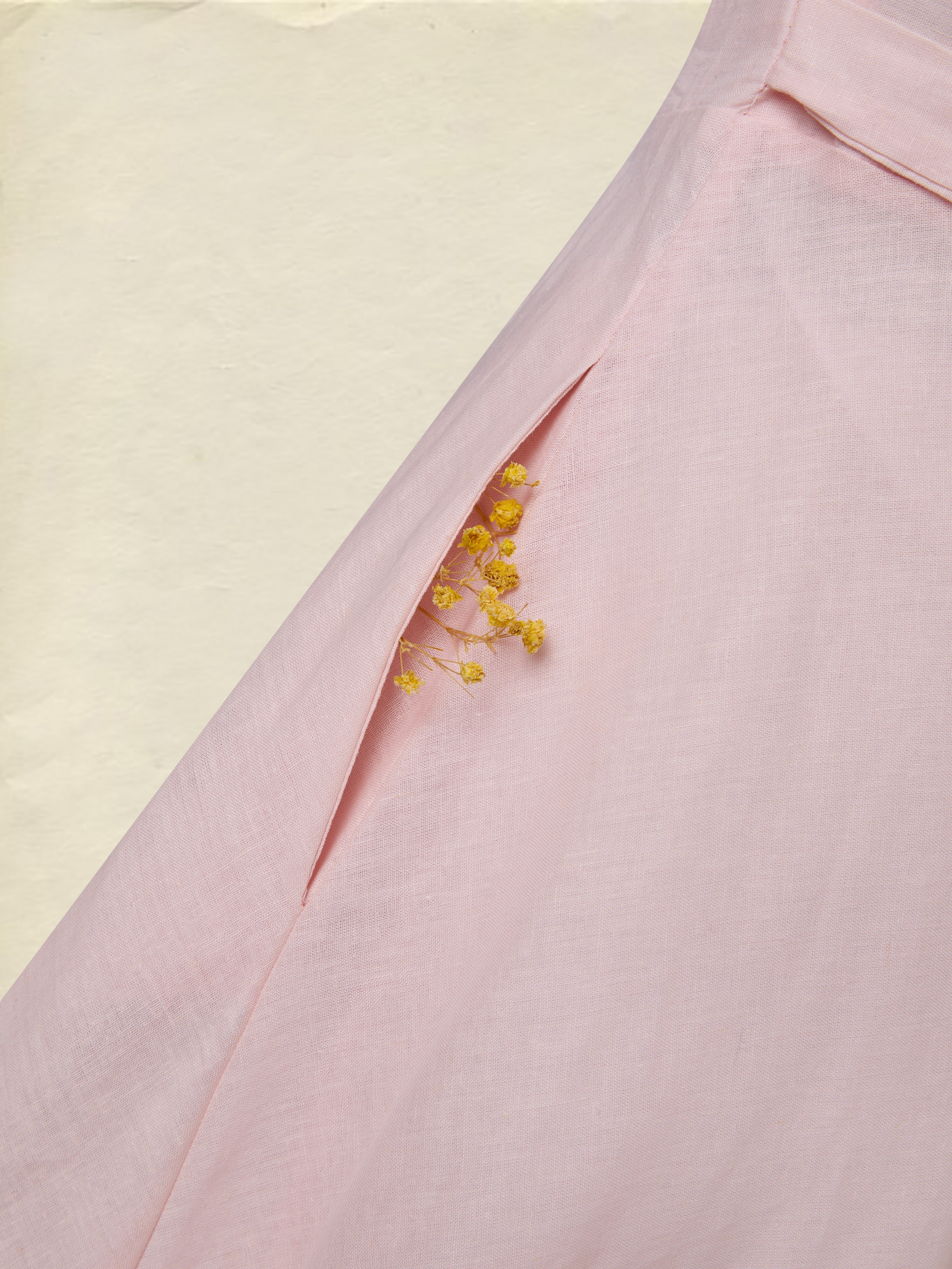 Midi Linen Dress, Half Sleeve, Plain, Lace, French Vintage, Pink - Pink