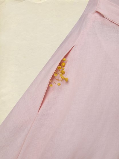 Midi Linen Dress, Half Sleeve, Plain, Lace, French Vintage, Pink - Pink