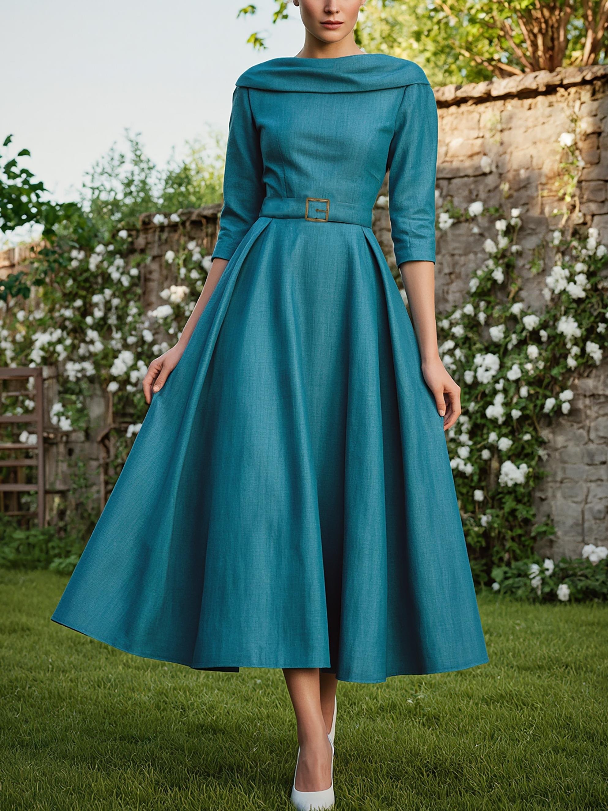 Midi Linen Dress , Half Sleeve, Shawl Collar, Plain, Belt Design, Vintage, Cyan - Cyan