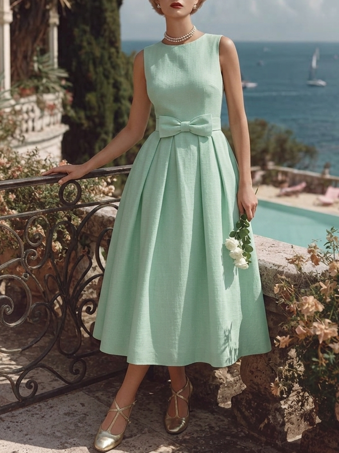 Midi Cotton Dress, Sleeveless, Round Neck, Plain, Bow, French Vintage, mint - mint