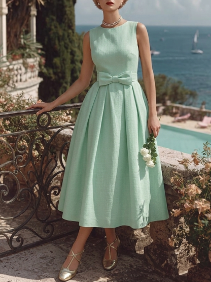 Midi Cotton Dress, Sleeveless, Round Neck, Plain, Bow, French Vintage, mint - mint