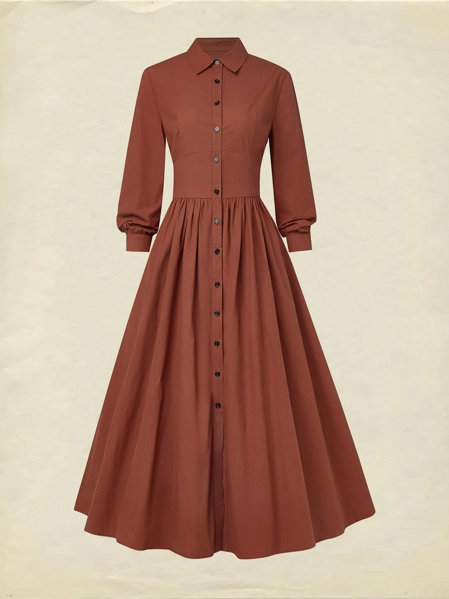 Maxi Cotton Dress, Long Sleeves, Shawl Collar, Plain, Button Design, Vintage, Brick Red - Brick Red