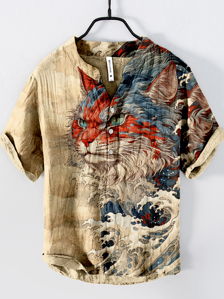Japanese Wave Inspired Mysterious Cat Art Cozy Linen Blend Shirt - Khaki