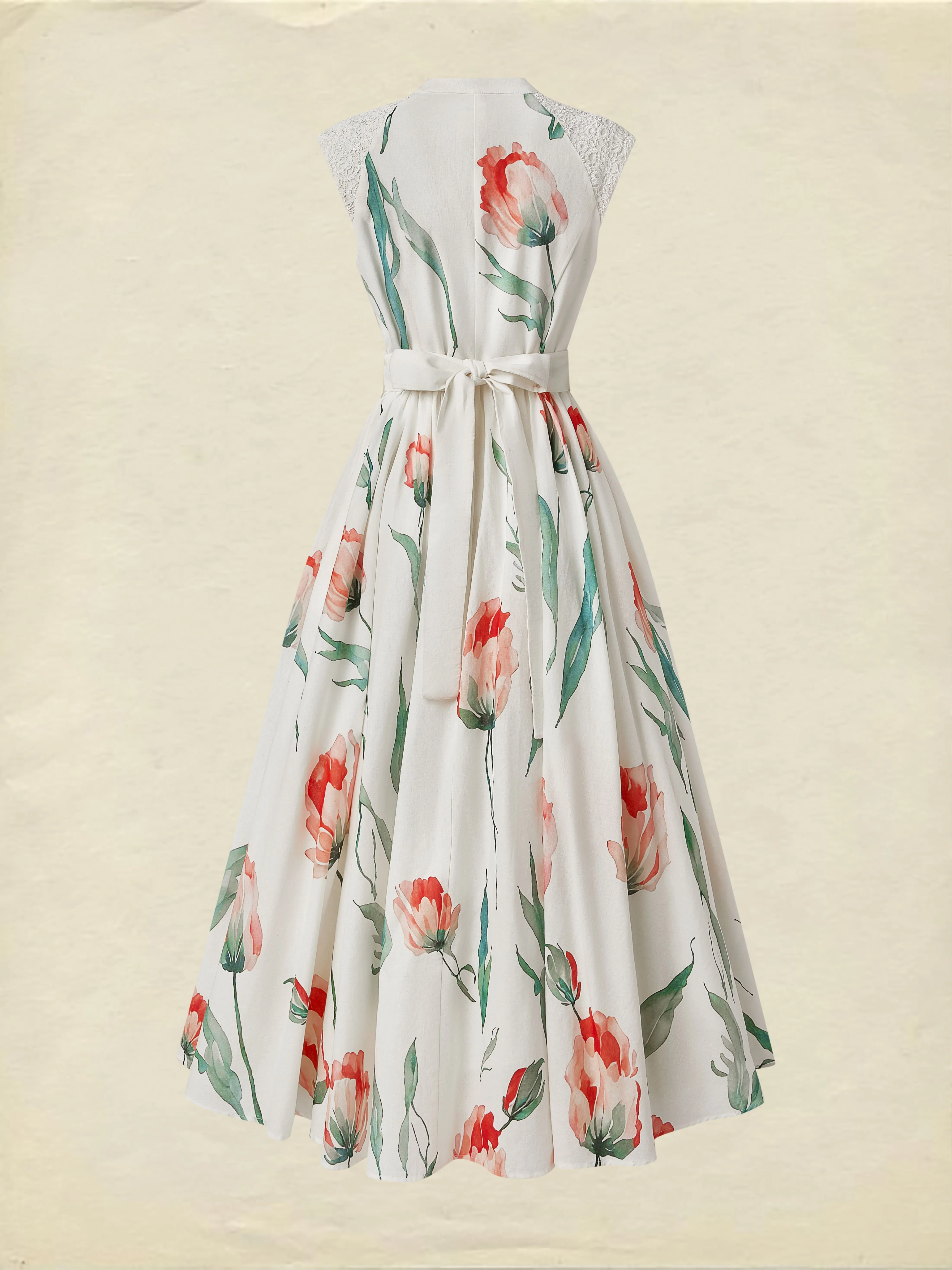 Maxi Linen Dress , Sleeveless, V Neck, Floral, Lace, Vacation, Vintage, Coral - Coral