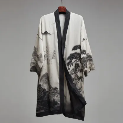 Men's Retro Landscape Painting Art Linen Long Kimono - White