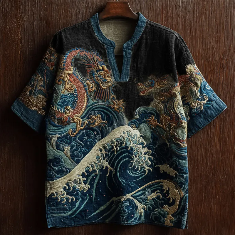 Sea Waves & Dragons Japanese Embroidered Linen Shirt - Black